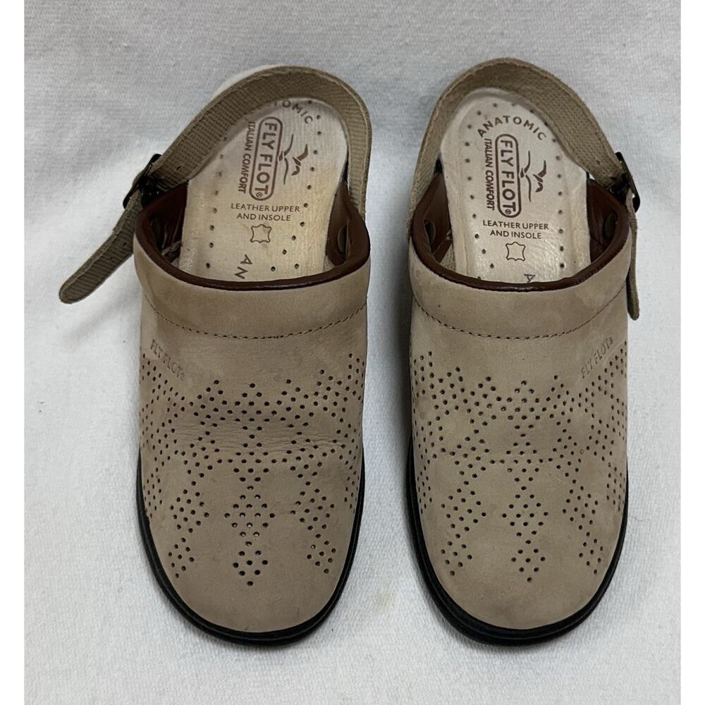Women's Fly Flot Antishock Anatomic Tan Comfort Leather Mules Clogs Size 38/7